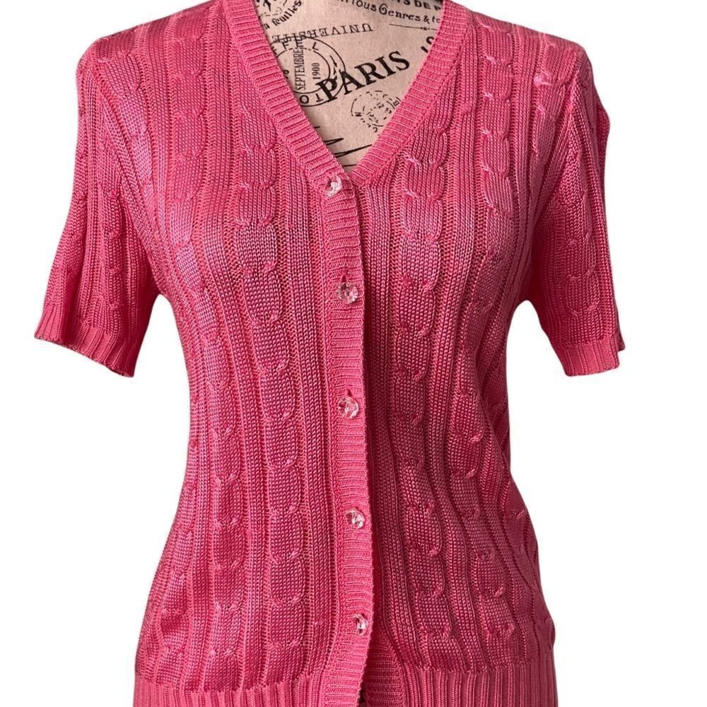 Vintage One on One Ribbed Knit Short Sleeve Front Button Sweater in Size